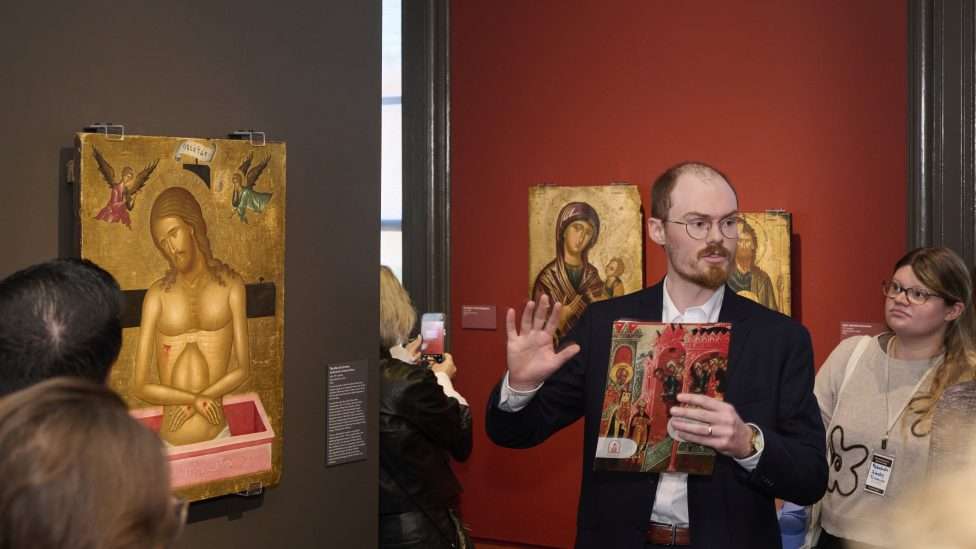 Associate Curator and Study Center Manager Elliot Mackin offers symposium attendees a tour of Light from the East: Masterpieces from the Ikonen-Museum Recklinghausen.